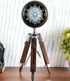 ANTIQUE NAUTICAL CREATIONS The Adjustable Wooden Tripod with White Flower Clock A Analog Silent Clock.