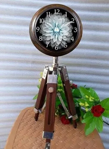 ANTIQUE NAUTICAL CREATIONS The Adjustable Wooden Tripod with White Flower Clock A Analog Silent Clock.