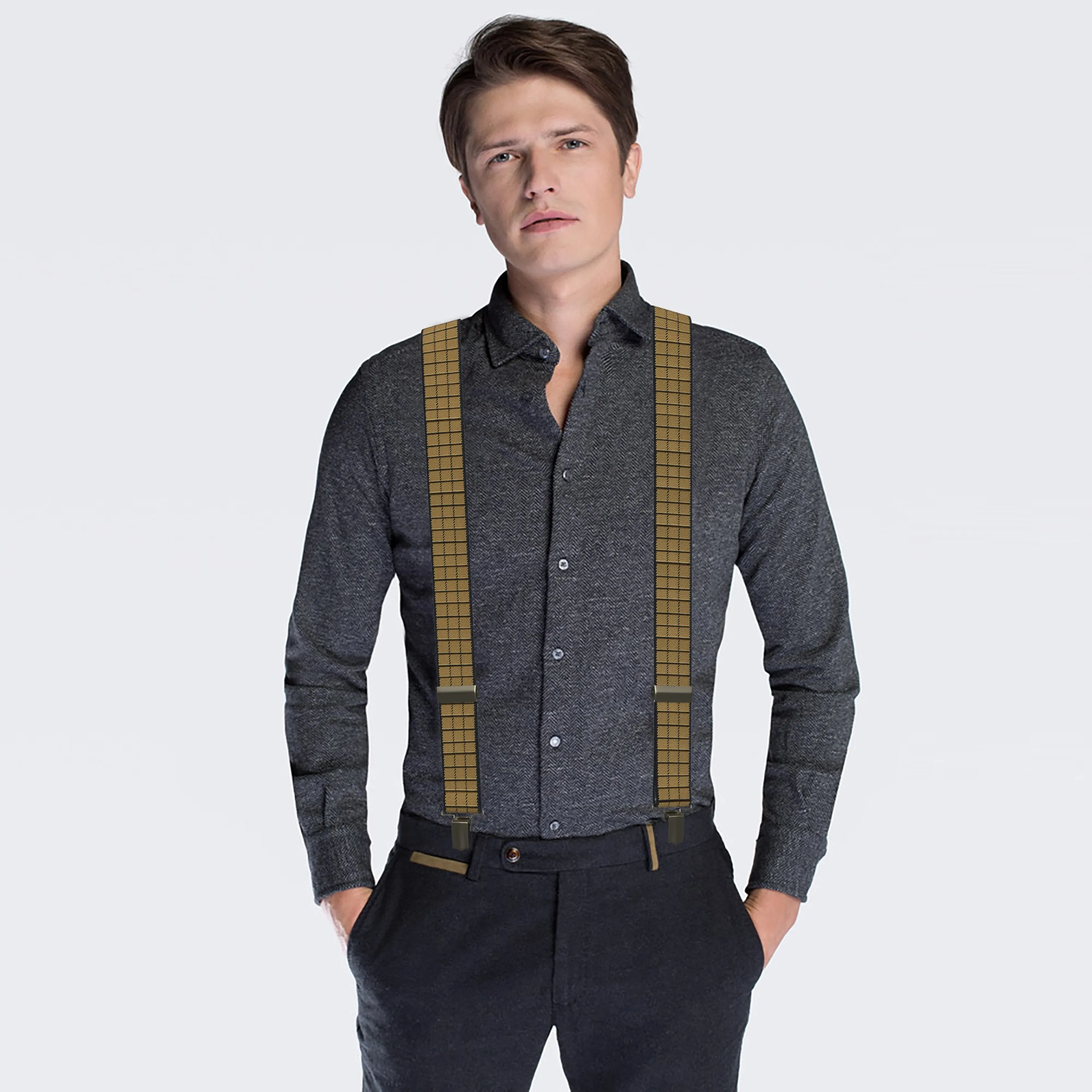 Deep Beige Plaid Men's Suspenders