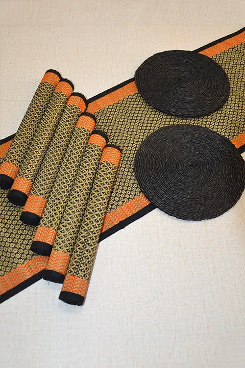 Dharini Madurkathi & Sabai Diamond Dining Set Black Orange (Set Of 9)
