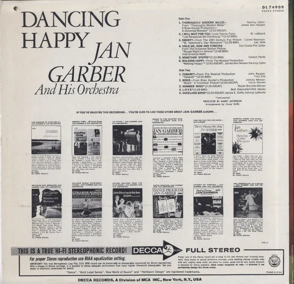 Jan Garber And His Orchestra - Dancing Happy (LP, Album) (NM or M-)