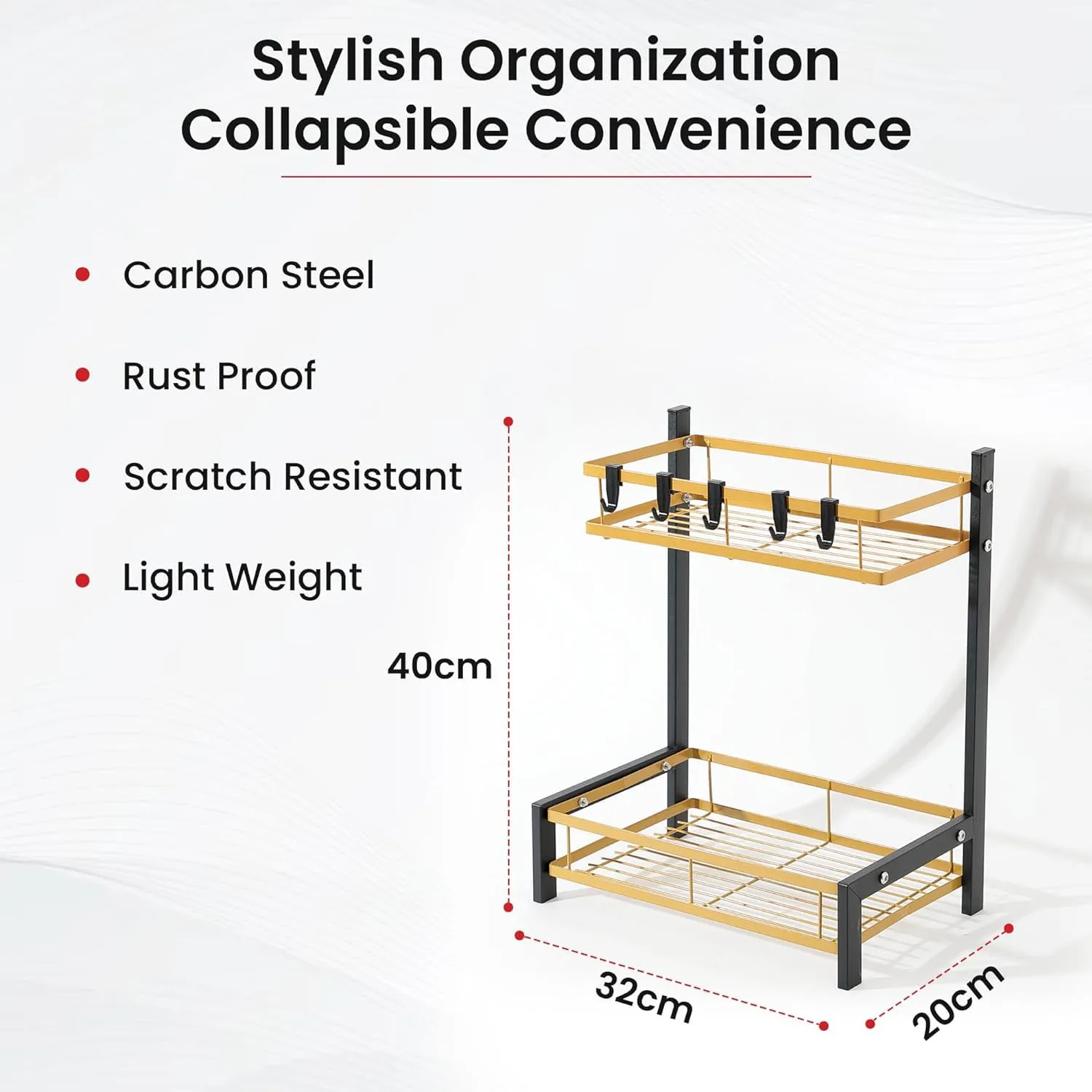 Kuber Industries 2-Layer Dish Drying Rack|Storage Rack for Kitchen Counter|Drainboard & Cutting Board Holder|Premium Utensils Basket Pack of 4 (Black & Gold)
