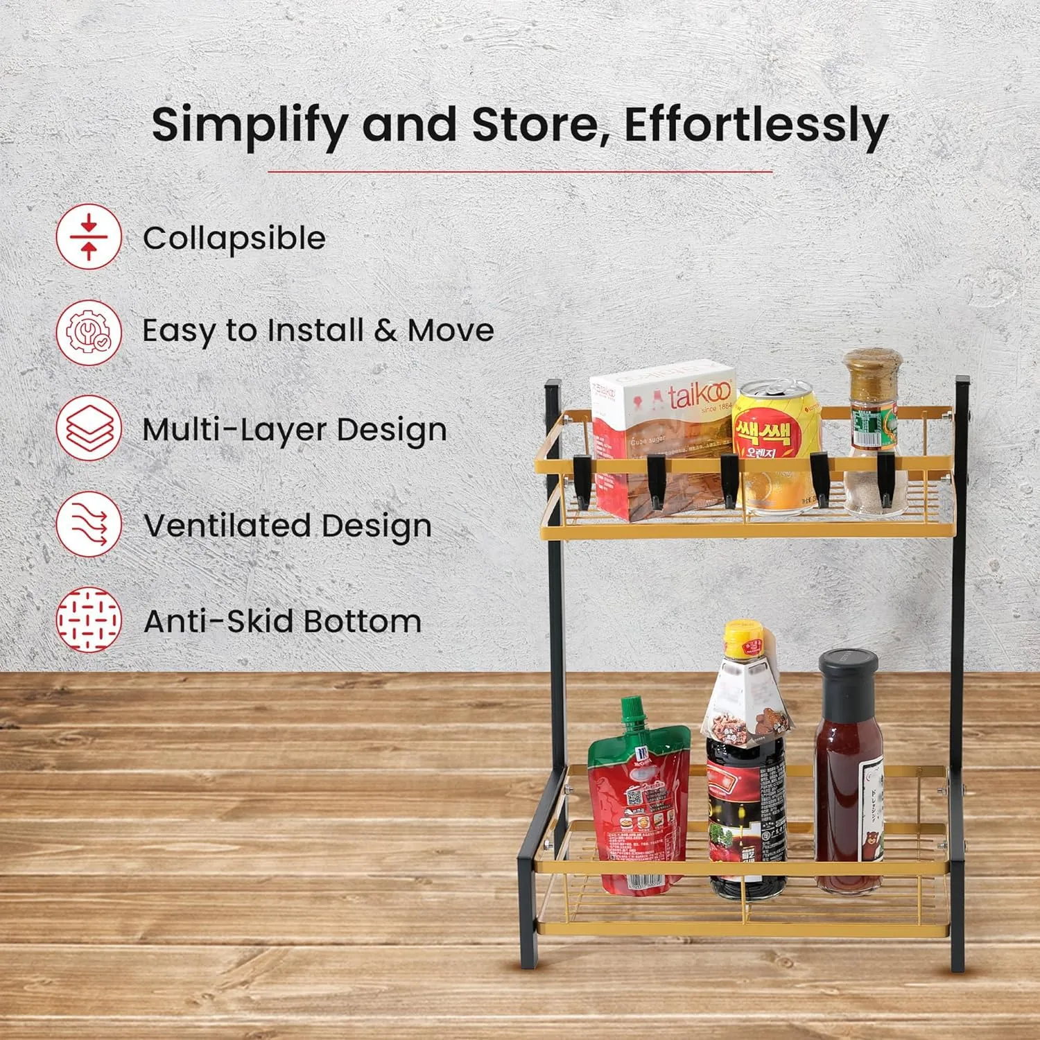 Kuber Industries 2-Layer Dish Drying Rack|Storage Rack for Kitchen Counter|Drainboard & Cutting Board Holder|Premium Utensils Basket Pack of 4 (Black & Gold)