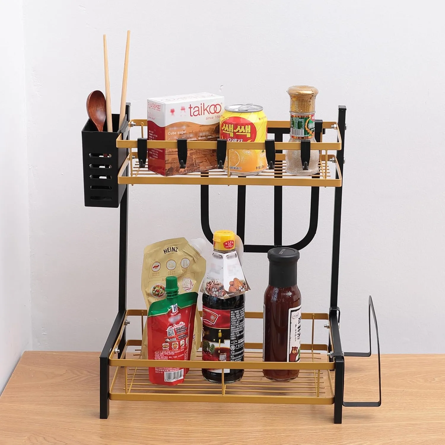 Kuber Industries 2-Layer Dish Drying Rack|Storage Rack for Kitchen Counter|Drainboard & Cutting Board Holder|Premium Utensils Basket Pack of 4 (Gold & Black)