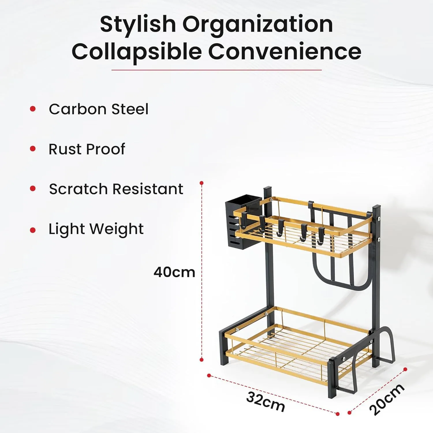 Kuber Industries 2-Layer Dish Drying Rack|Storage Rack for Kitchen Counter|Drainboard & Cutting Board Holder|Premium Utensils Basket Pack of 4 (Gold & Black)