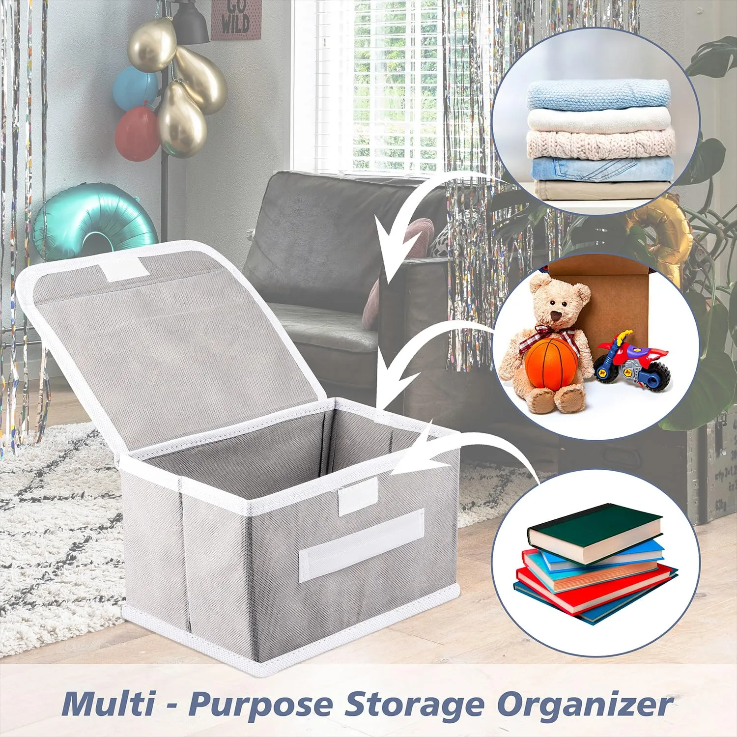 Kuber Industries Drawer Storage Box | Foldable Dhakkan Storage Box | Non-Woven Clothes Organizer | Storage Box with Handle | M | L | Pack of 2 | Gray