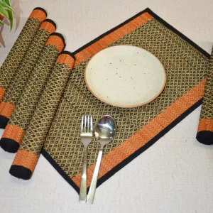 Madurkathi Diamond Placemats | Black & Orange | Set of 6 | 45 x 30 cm