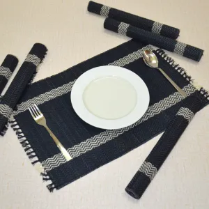Madurkathi Tassels Placemats | Charcoal | Set of 6 | 45 x 30 cm