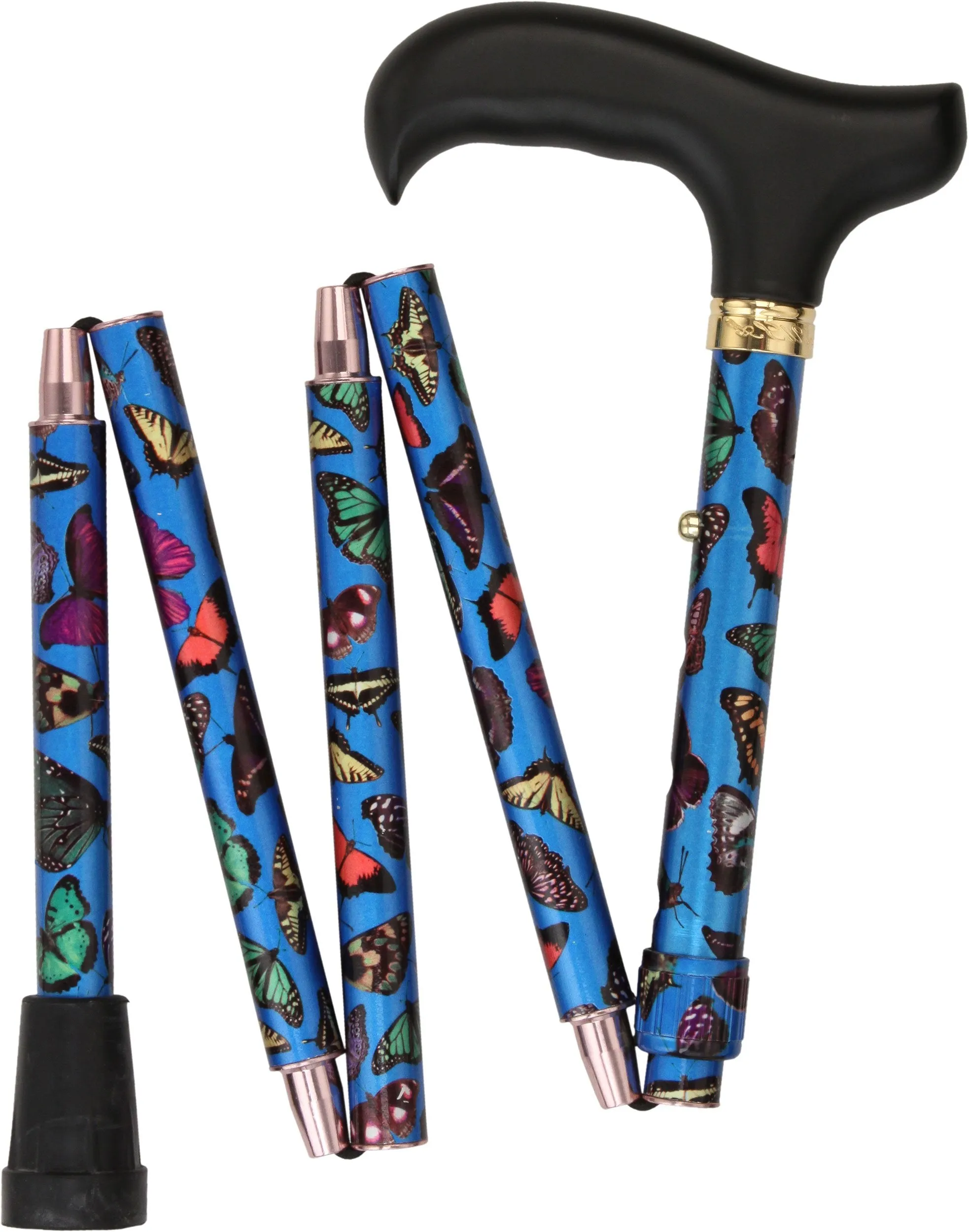 Scratch and Dent Mini-Blue Skies Butterfly Adjustable Folding Aluminum Walking Cane with Engraved Collar V2234