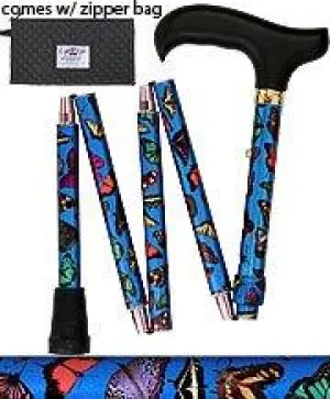 Scratch and Dent Mini-Blue Skies Butterfly Adjustable Folding Aluminum Walking Cane with Engraved Collar V2234